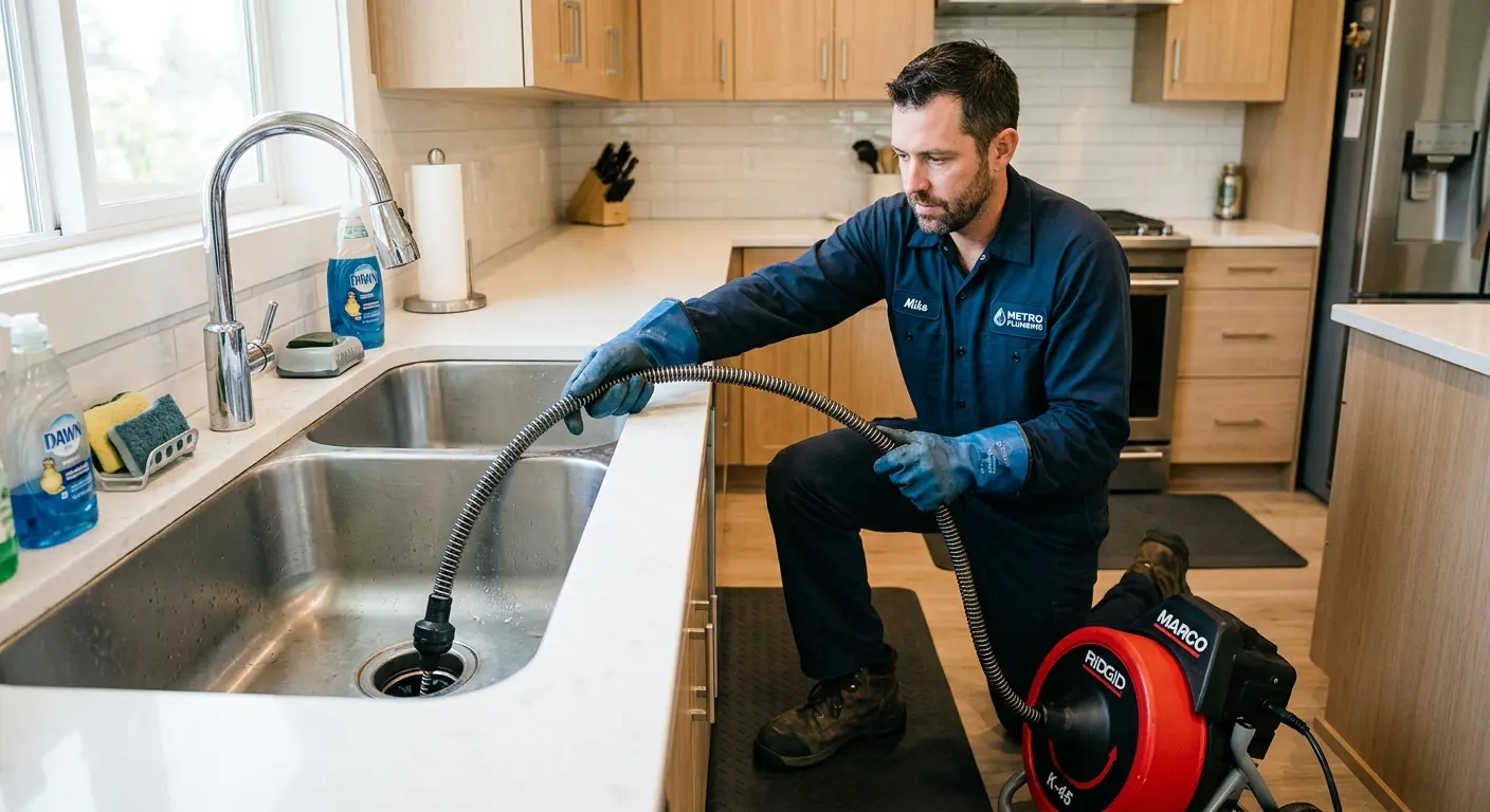 Drain cleaning technician using a motorized snake on a kitchen sink in Columbia
