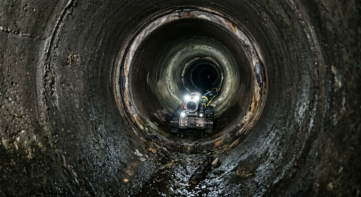Robotic sewer camera inspecting pipe interior for Sewer Line Cleaning in Columbia
