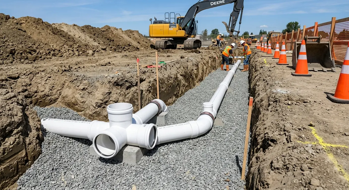 New PVC sewer pipe installation in open trench for Sewer Backup in Columbia