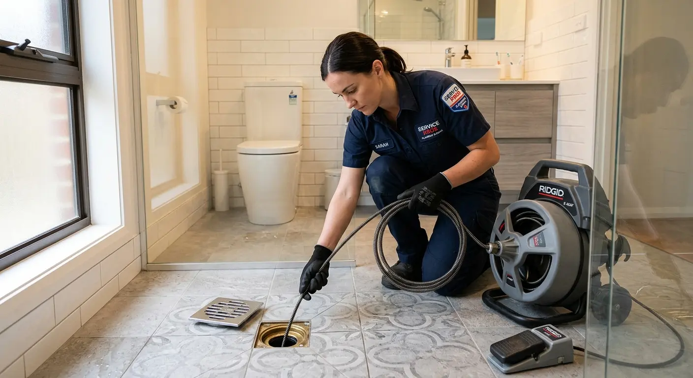 Technician clearing a bathroom floor drain for Hydro Jetting in Columbia